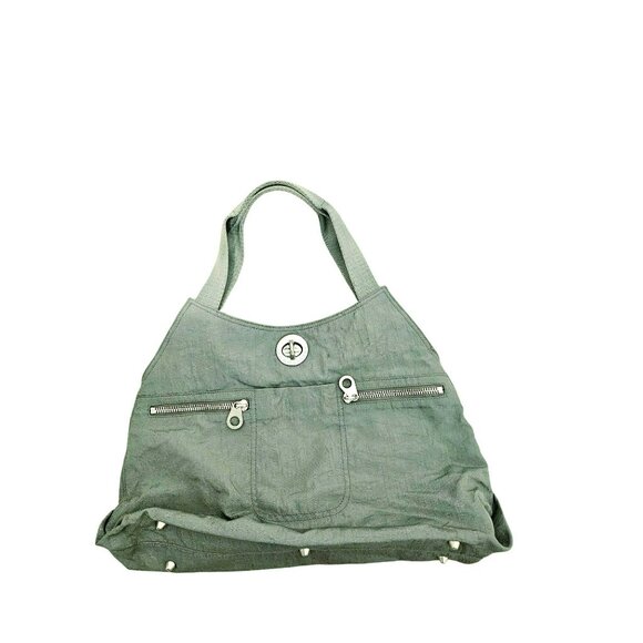 Baggallini Gray Nylon Shoulder Bag with 2 Silver zippers in front & back - Picture 1 of 3